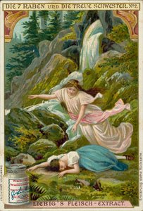 Scen ur De sju korparna, bröderna Grimms saga (chromolitho) av European School