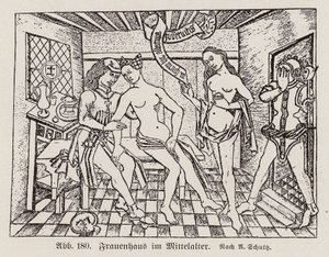 Scen i ett Frauenhaus, en tysk bordell från senmedeltiden (gravyr) av European School