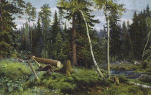 Scen i en skog med fällda träd (färglitografi) av European School