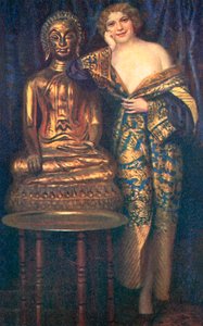 Halvnaken kvinna klädd i mantel bredvid en gyllene staty av Buddha (färglitografi) av European School