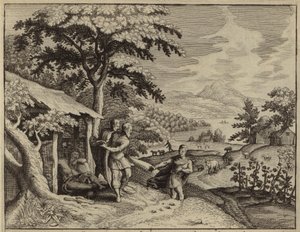 Sem och Jafet täcker sin fars, Noas, nakenhet (gravyr) av European School