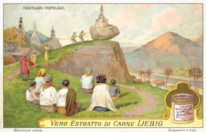 Siamesiska buddhister dyrkar vid en balanserande stenhelgedom (chromolitho) av European School