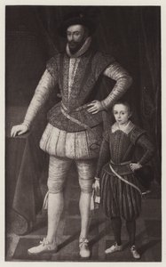 Sir Walter Raleigh och hans son (litho) av European School