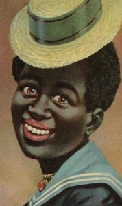 Leende afrikan i sjömanskostym (färglitografi) av European School