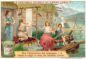 Spinning och vävning i en gammal by vid sjön (chromolitho) av European School