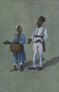 Gatuförsäljare i gräl med en man i uniform (färglitografi) av European School