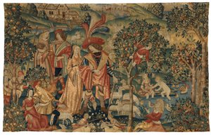 Gobeläng föreställande pastoral scen med fruktplockning, eller The Seigneur in his Park eller Rural Alliance och fruktplockning, ca 1500 (ull och siden) av European School