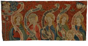 Gobelängfragment föreställande den Allsmäktige och sex heliga kvinnor, troligen från ett antependium, slutet av 1400-talet (ull) av European School