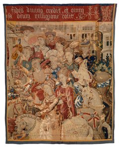 Gobelängfragment med damer och herrar till häst, eller Paris Returning with Helen, eller The Return from the Campaign av European School