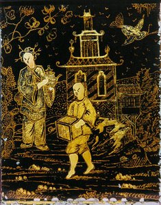 Tea Caddy på kinesiskt sätt föreställande en portier och en dam som bär en tekanna (metall) av European School
