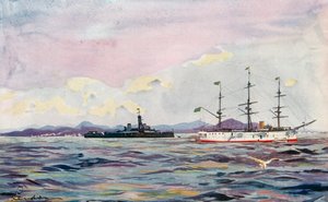 Träningskryssaren "Benjamin Constant" och dreadnoughtfartyget "Minas Geraes" i Rio hamn (färglitografi) av European School