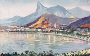Botafogo-delen av Rios Bayside Avenue, med utsikt över Corcovadoberget (färglitografi) av European School