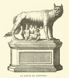 Capitoline Wolf, bronsskulptur som föreställer varghonan som diar Romulus och Remus, Roms tvillinggrundare (gravyr) av European School