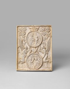 Evas skapelse och bebådelsen på en enda panel, i gotisk stil, 1800-talet av European School