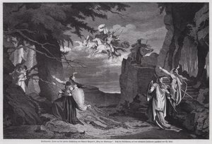The Ride of the Valkyries, scen från Die Walkure, den andra operan i Richard Wagners Der Ring des Nibelungen, uppförd på Nationalteatern, München (gravyr) av European School