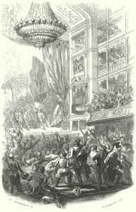Början av den belgiska revolutionen: framförande av Daniel Aubers opera La Muette de Porcini på Theatre de la Monnaie i Bryssel, 25 augusti 1830 (gravyr) av European School