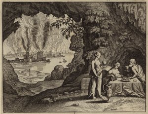 Brännandet av Sodom, och Lots döttrar fick honom full så att de kunde få barn med honom (gravyr) av European School