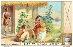 Synålen i förhistorisk tid (chromolitho) av European School