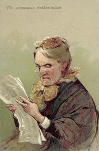 Den misstänksamma svärmodern (färglitografi) av European School