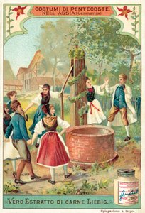 Traditionellt pingstfirande i Hessen, Tyskland (chromolitho) av European School