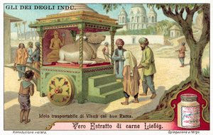 Transportabel idol av Vishnu med oxen Rama (chromolitho) av European School