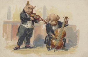 Två grisar spelar musikinstrument (färglitografi) av European School