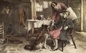Liten flicka som mår dåligt (färglitografi) av European School