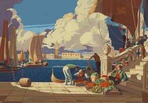 Venedig, vy över lagunen till San Marco (färglitografi) av European School