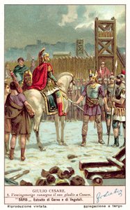 Vercingetorix överlämnade sitt svärd till Julius Caesar efter belägringen av Alesia, 52 f.Kr. (chromolitho) av European School