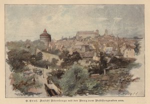Utsikt över Nürnberg och dess slott, Tyskland (färgad gravyr) av European School