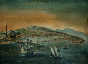 Utsikt över en hamn med en fyr på en udde, ca 1800 av European School