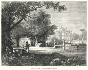 Vy över Villa Pamphili-Doria (gravyr) av European School