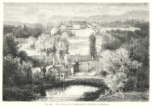 Exteriörvy av fiskodlingen Huningue (gravyr) av European School