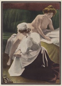 Kvinna som torkas av sin piga (färg litho) av European School