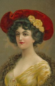 Kvinna i edwardiansk hatt (färglitografi) av European School