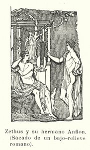 Zethus och Amphion, tvillingsöner till Zeus, romersk basrelief (lito) av European School