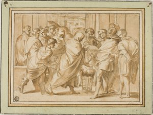 Scen från romersk historia, med draperad figur som presenterar bok för linjal av Eustache Le Sueur