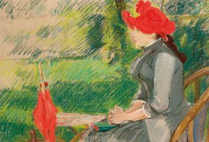Läsning i trädgården; eller kvinna i röd hatt, ca. 1880-1882