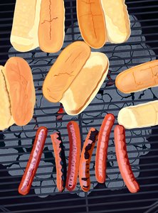 6 varmkorvar på grill, södra sidan av Streef (digital konst) av Evan Sklar