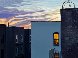 Lägenhetsbyggnader och glödande fönster med dramatisk himmel och moln i skymningen på sommarskymningen.(digital konst) av Evan Sklar