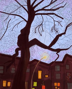 Brooklyn Brownstone Street At Dusk, 2016 (handritad på en iPad med en Apple-penna) av Evan Sklar