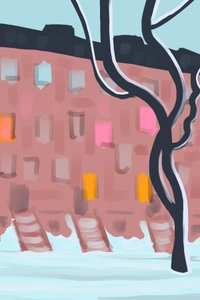 Brunstenshus i snö (digital konst) av Evan Sklar