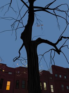 Hus och träd på natten, Brooklyn. (digital konst) av Evan Sklar