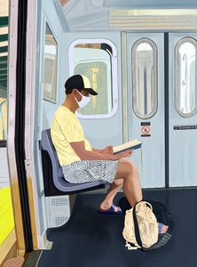 Man i avklädda shorts läser bok i tunnelbanan, ca 2020-24 (digital konst) av Evan Sklar