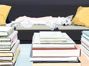 Mimmi på soffan med böcker, ca 2020-24 (digital konst) av Evan Sklar