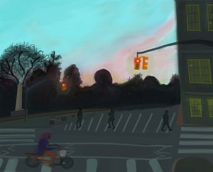 Orange Scooter,Grand Army Plaza, Brooklyn, 2016 (handritad på en iPad med en Apple penna) av Evan Sklar
