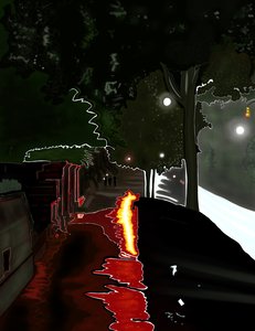 Rött ljus reflekteras på trottoar efter regn, NY, Dawn (digital konst) av Evan Sklar