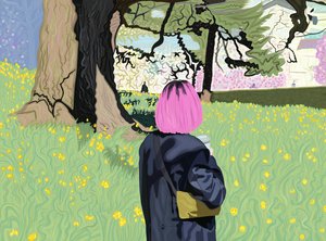 Kvinna Wirth Rosa hår och fält med påskliljor (digital konst) av Evan Sklar