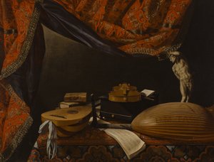 Stilleben med musikinstrument, böcker och skulptur, ca. 1650