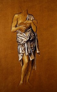 Vänster kvinnlig supplikant på en brygga/ St Christin (blå och vit krita på papper) av Evelyn De Morgan